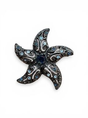 Vintage Rhinestone Starfish Brooch Blue Crystal Sea Star Pin Gunmetal Tone